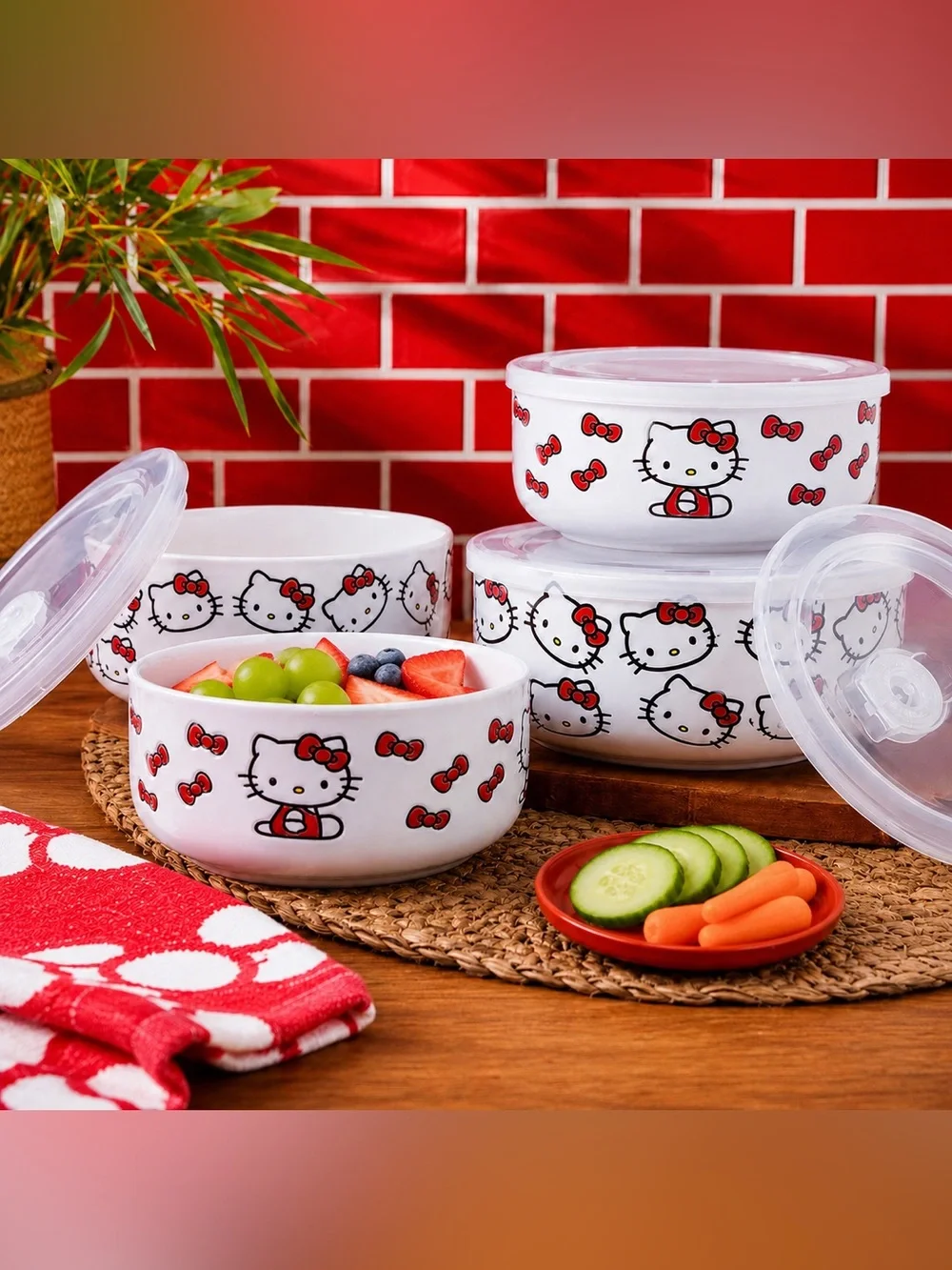 Hello Kitty Sanrio 8pc Ceramic Food Storage Bowl Set Vented Lids NIB